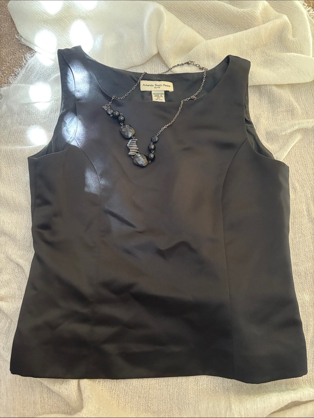 Amanda Smith Black Satin Shell Tank with Statement Black Beaded Necklace